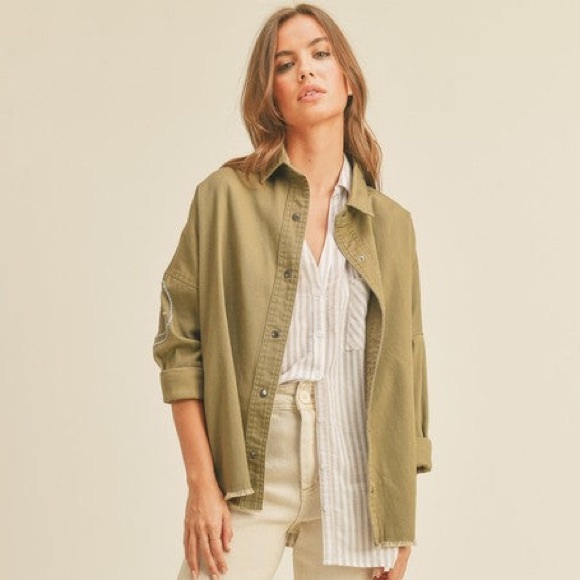 Miou Muse Womens Shacket Shirt Cotton Raw Hem Smiley Face Design Distressed - Picture 4 of 14